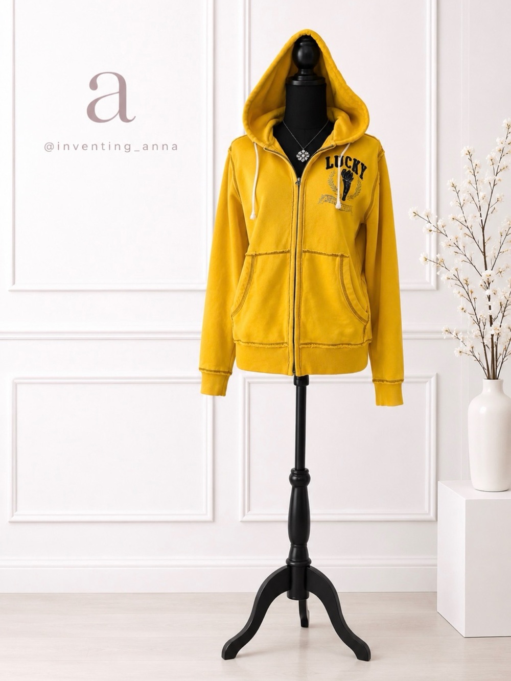 LUCKY BRAND Unisex Mustard Yellow Distressed Zip Hoodie w/LB Logo Pockets